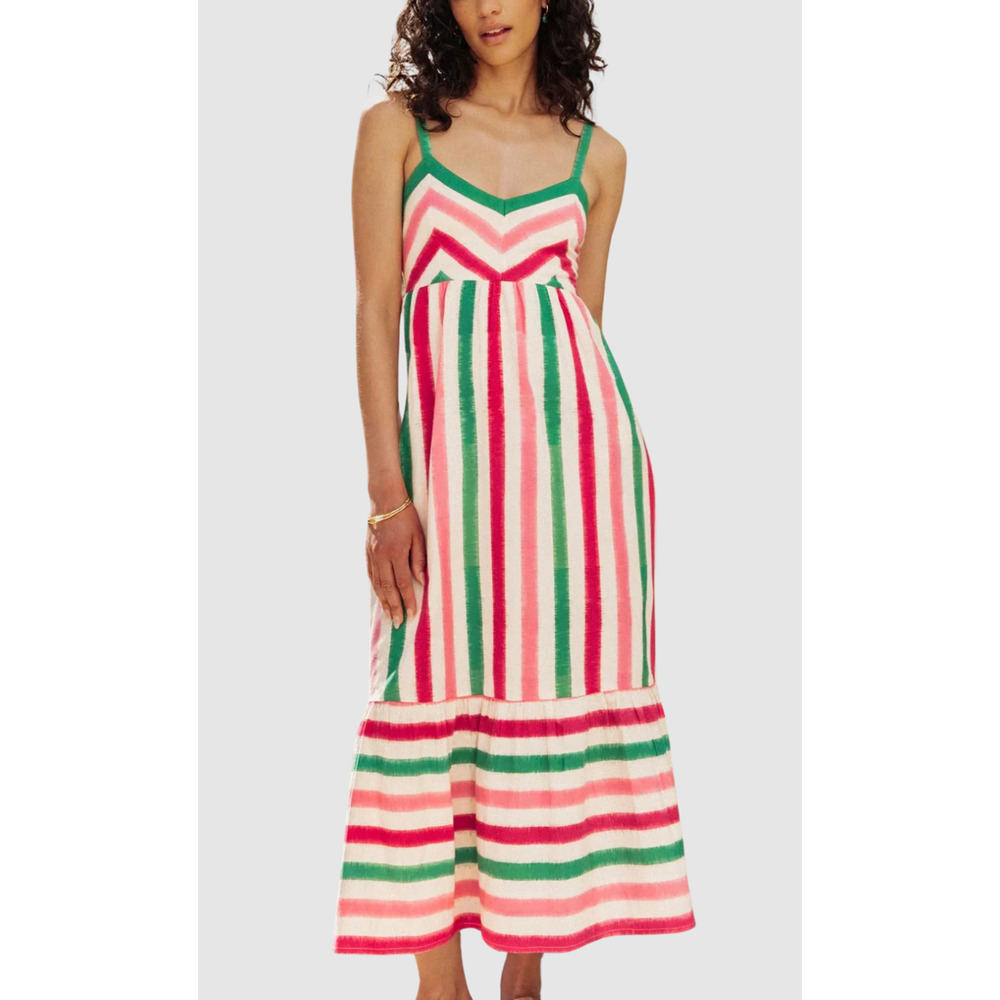 PINK CITY PRINTS Tuckernuck Puglia Watermelon Pink Green Stripe Maxi Dress XS